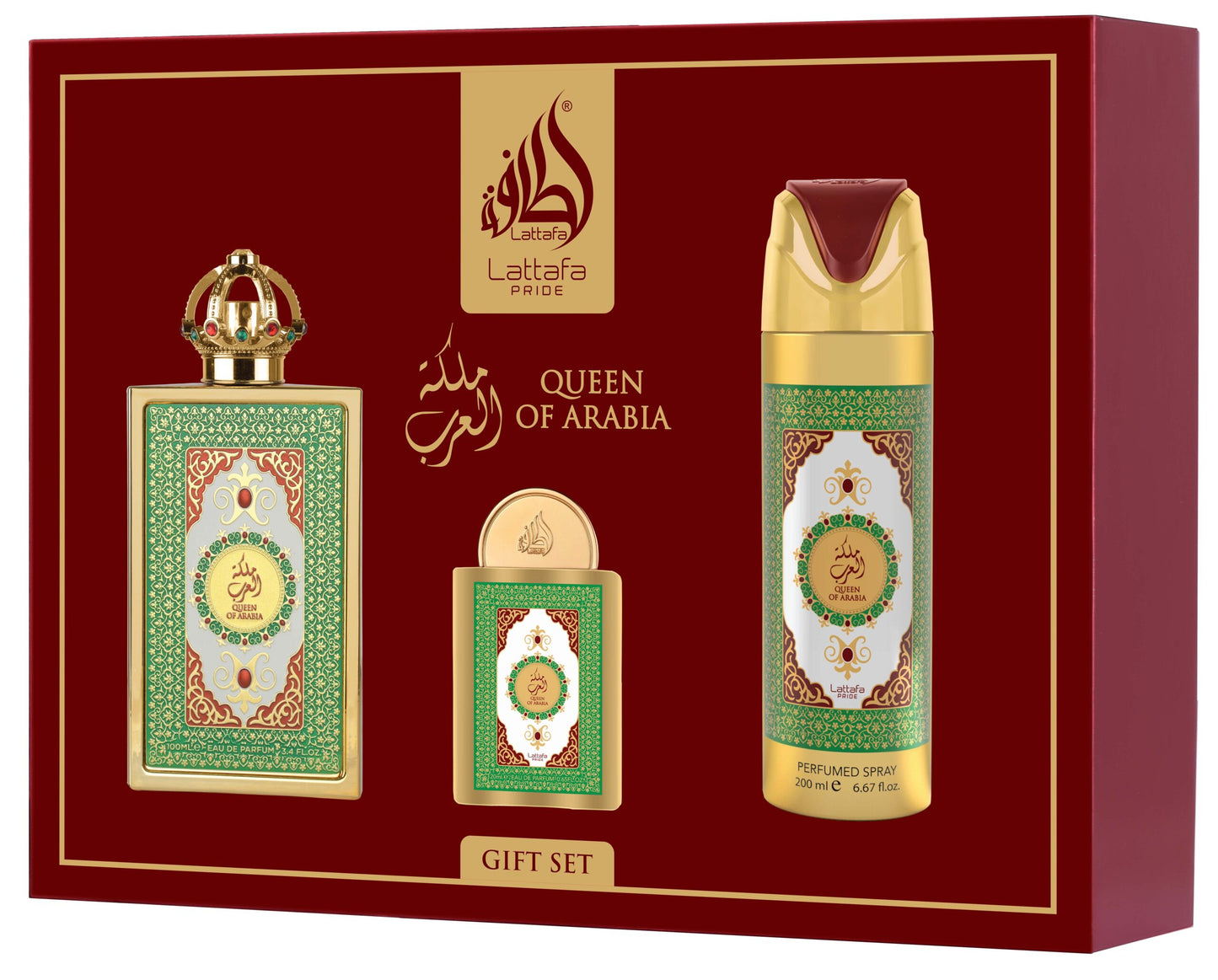 Lattafa Pride Queen of Arabia rinkinys moterims (100 ml. EDP + 20 ml. EDP + 200 ml. purškiamas dezodorantas)